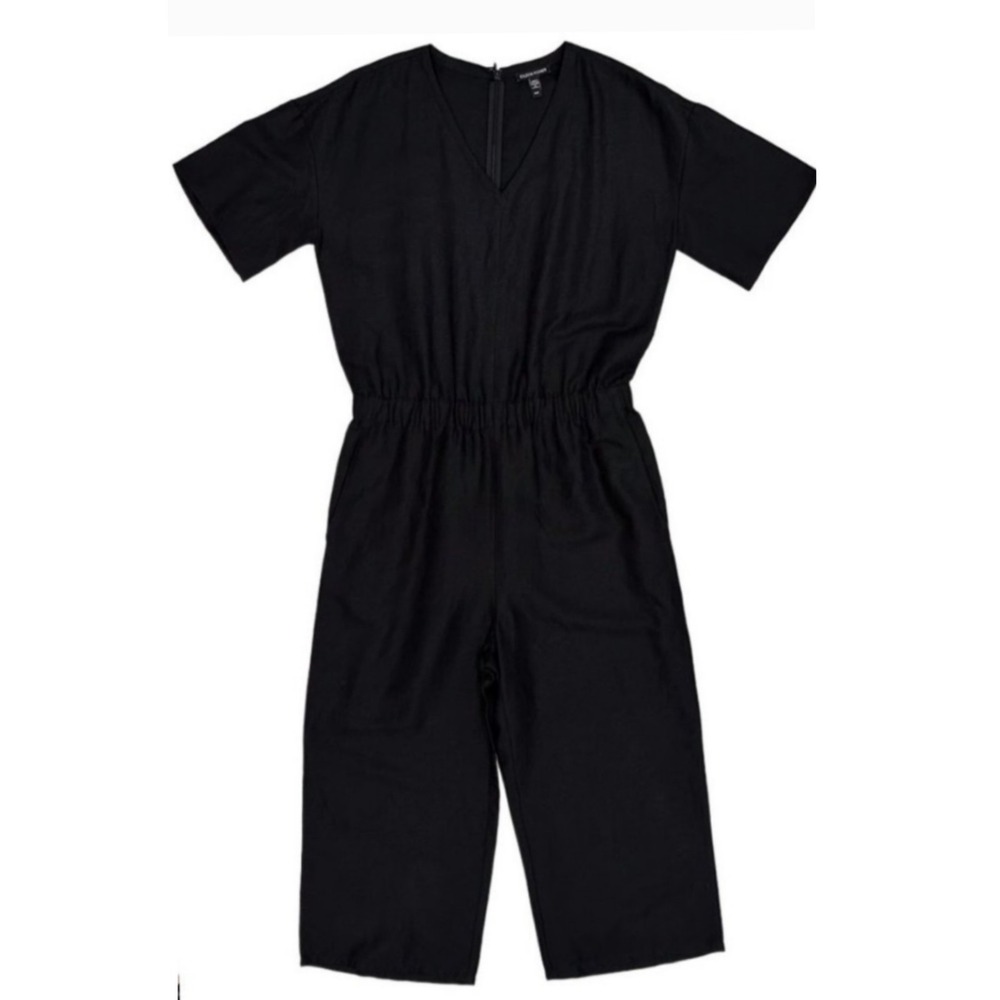 Eileen Fisher Tencel & Organic Linen Slub V Neck Cropped Wide Leg Jumpsuit Black